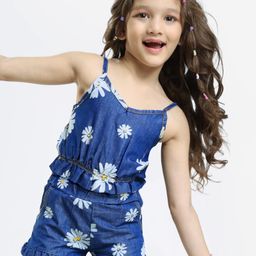 OLLINGTON ST. Denim Floral Printed Co-ords Set Of Sleeveless Top & Shorts - Navy Blue-picture-17