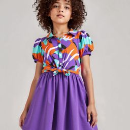 OLLINGTON ST. Cotton Half Puffed Sleeves Abstract Printed Top & Knit Frock -Multicolor & Lavender-image-6