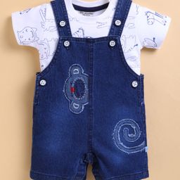 Wonderchild Monkey Patch Embroidered Dungaree With Half Sleeves Animals Printed Tee - White-image-37