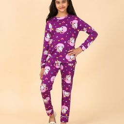 Ninos Dreams Cotton Knit Full Sleeves Unicorns & Hearts Printed Coordinating Tee & Pajama Set - Wine-image-10