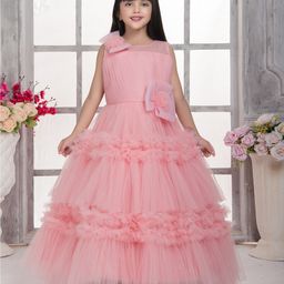 Tiny Kingdom Net Sleevless Floral & Bow Applique Detailed Tiered Gown - Pink-image-52