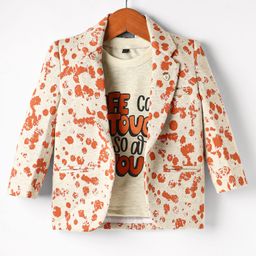 Dapper Dudes Full Sleeves Circle Print Blazer With Typographic Printed Tee - Orange-picture-16