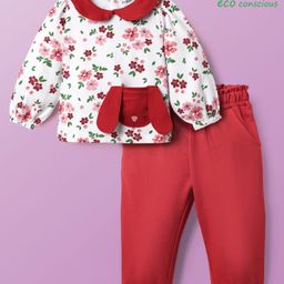 Babyoye Cotton Knit Full Sleeves Peter Pan Collar Top & Lounge Pant Set With Floral Print - Red-image-49
