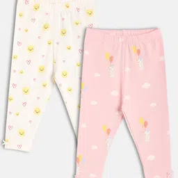 MINI KLUB Cotton Knit Pack Of 2 Hearts & Clouds Printed Leggings - White & Pink-picture-31