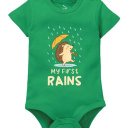 Zeezeezoo 100% Cotton Knit Monsoon Theme Half Sleeves My First Rains Text Printed Onesie - Green-image-12