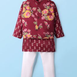Teentaare Cotton Woven Full Sleeves Kurta Pajama Set with Jacket & Floral Print - Maroon-image-97