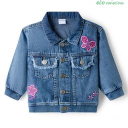Babyoye Cotton Woven Full Sleeves Denim Jacket With Butterfly & Floral Embroidery - Navy Blue-picture-17