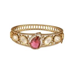Saraf Rs Jewellery Gold Polish Ruby Red Kundan Mossanaite Tilak Shaped Openable Kada Bracelet image 3