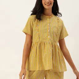 SANSKRUTIHOMES Women Yellow & Blue Striped Night suit-image-100
