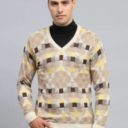 Monte Carlo Beige Regular Fit Checks Pullover-image-24