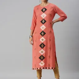SHOWOFF Peach Cotton Printed Calf Length Straight Kurta-image-77