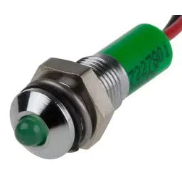 RS PRO Green Panel Mount Indicator 24V DC, Mounting Hole Size 6 mm, Termination Type Lead Wires, IP Rating IP67, Model No 7227801-32