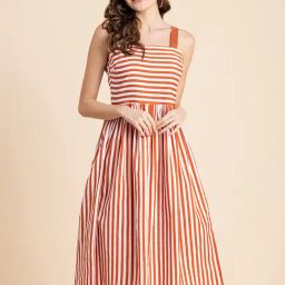 Moomaya White & Orange Cotton Striped Midi Dress-picture-7