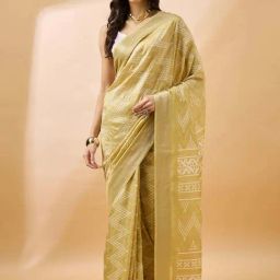 Winza Designer Yellow Printed Saree With Unstitched Blouse-image-9