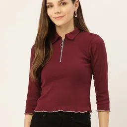 BROOWL Women Maroon Self Striped Polo Collar T-shirt-image-35