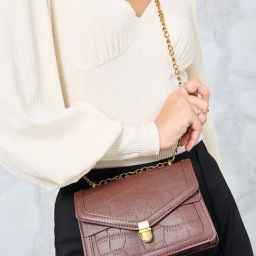 Styli Brown PU Textured Sling Handbag-30