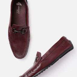 GABICCI Men Burgundy Textured Leather Casual Horsebit Loafers-image-32