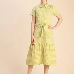 Moomaya Lime Green Cotton Striped Midi Dress-image-44