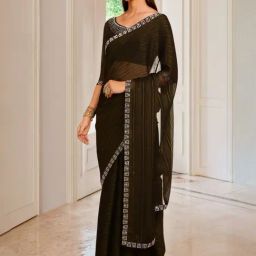 Soch Womens Olive Green Horizontal Striped Chiffon Saree With Stone Embellishment-image-50