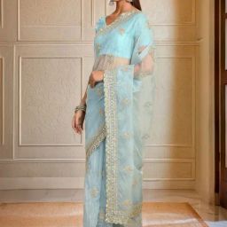 Soch Womens Powder Blue Sequinned Embellished Organza Saree With Zardosi-image-27