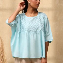House Of Chikankari Blue Cotton Chikankari Top-image-97