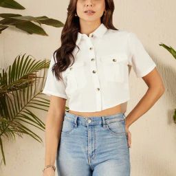 Marie Claire White Cotton Regular Fit Crop Shirt-image-95