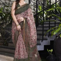 MIRCHI FASHION Pink & Green Printed Saree With Unstitched Blouse-image-84