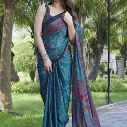 MIRCHI FASHION Teal Blue Printed Saree With Unstitched Blouse-image-46