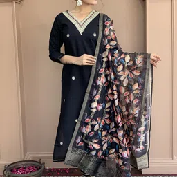 S.K.C Floral Yoke Design V-Neck Sequinned Straight Kurta With Trousers & Dupatta-24