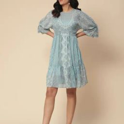 aarke Ritu Kumar Blue Printed A Line Dress With Camisole-picture-16