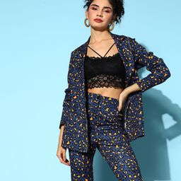 SASSAFRAS Women Navy Blue Printed Double Breasted Blazer-image-52