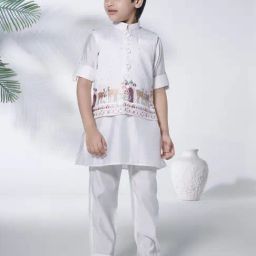 Ministitch Boys White Cotton Regular Fit Embroidered Kurta Set-73