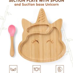 Unicorn Shaped Bamboo Wooden 2 Compartment Section Plate with Spoon - Pink-4