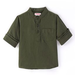 Babyhug Linen Full Sleeves Mandarin Collar Kurta Solid Shirt - Olive Green-image-95