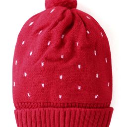 Babyhug Knitted Woolen Cap with Pom Pom Applique - Red-21
