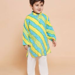 AJ Dezines Full Sleeves Leheriya Designed Kurta With Pyjama - Blue Green & Yellow-picture-23