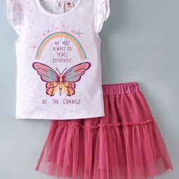ToffyHouse Cotton Half Sleeves Top & Skirt With Butterfly Print - Red & White-picture-14