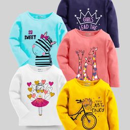 KUCHIPOO Pack Of 5 Full Sleeves Girl & Giraffe Printed Tees - Multi Colour-image-41