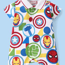 Babyhug Marvel Cotton Knit  Half Sleeves Romper with Pocket & Avengers  Print - Multicolour-image-49