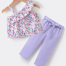 Kookie Kids One Shoulder Sleeves Top & Lounge Pant Set Floral Print - Purple-image-49