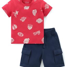 Babyhug 100% Cotton Knit Half Sleeves T-Shirt & Shorts Set Text Print - Red & Navy Blue-image-32