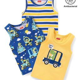 Babyhug 100% Cotton Knit Sleeveless Antibacterial Sandos Striped & Crocodile Print Pack of 3 - Multicolour-image-32