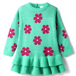 Babyhug Knitted Full Sleeves Layered Woollen Frock with Floral Design - Turquoise & Red-image-16