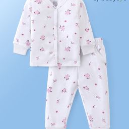 Babyoye Cotton Modal Blend Floral Print Full Sleeves Front Open Thermal Inner Wear Set - White-image-59
