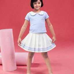 TOONYPORT Cotton Half Sleeves Floral Detailed Top And Skirt Set - Blue-image-21