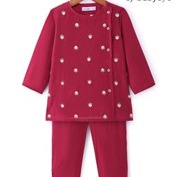 Babyoye Woven Full Sleeves Kurta Pyjama Set with Floral Embroidery -Maroon-image-6