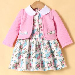 ToffyHouse Knit Full Sleeves Winter Frock With Floral Print & Peter Pan Collar - Pink-image-76
