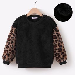 Kookie Kids Full Sleeves Drop Shoulder Sweatshirt with Cheetah Print Design - Black-image-85