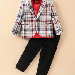 Rikidoos Full Sleeves Checked Blazer With Typography Printed Tee & Pant Set - Light Grey & Navy Blue-image-10