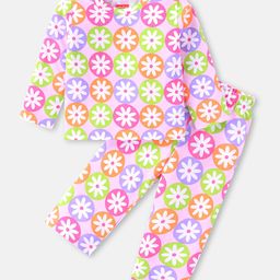 Babyhug Cotton Knit Full Sleeves Night Suit With Floral Print - Pink-picture-16